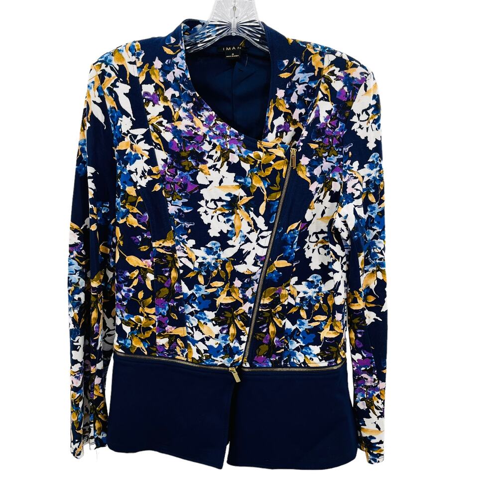 Iman Blue Floral Asymmetrical Colorful Vibrant Stretch Front Zip Jacket Women S